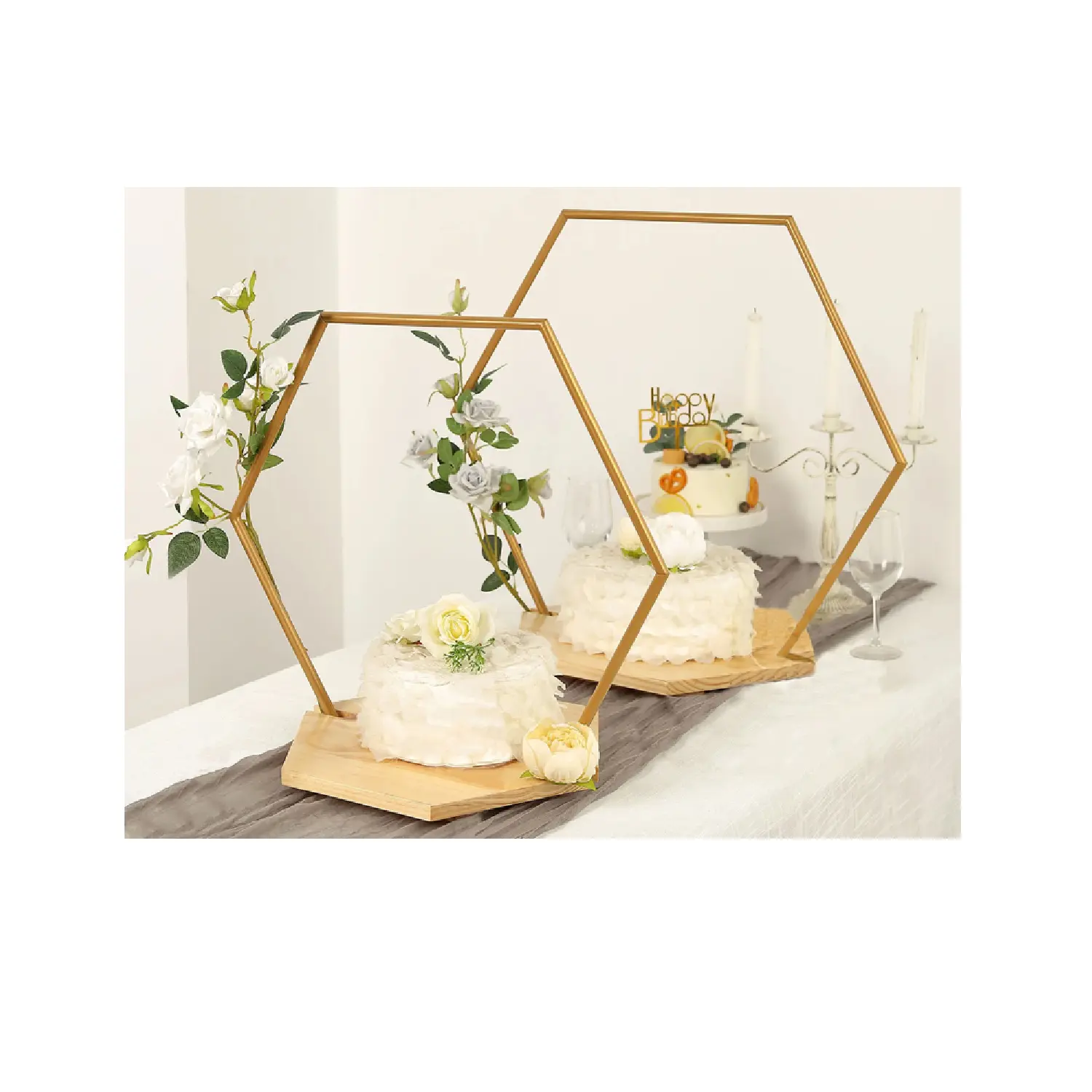 WHITE HEXAGON FRAME CAKE STAND DIAMETER 60CM BASE 30CM