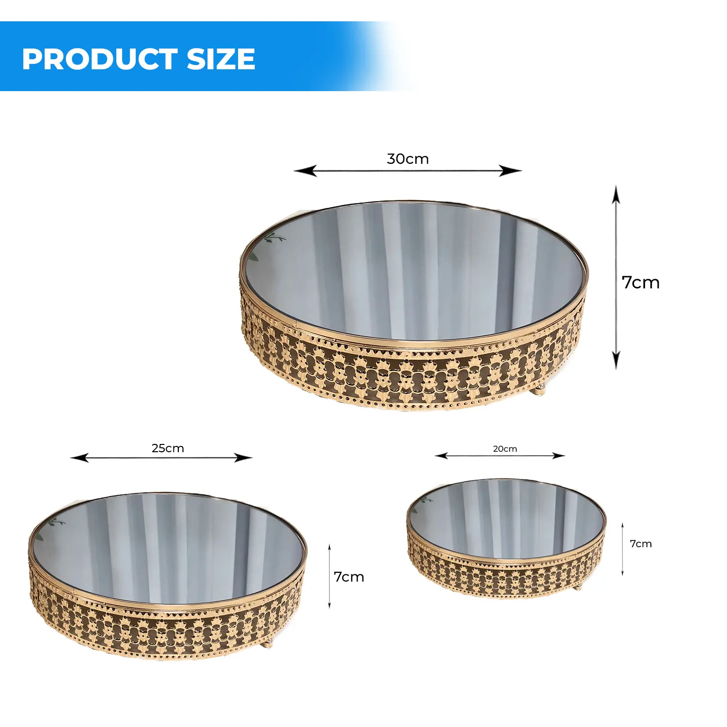 WYOMING GOLD MIRROR TOP 3 PIECE CAKE STAND DIAMETER 20CM 25CM 30CM